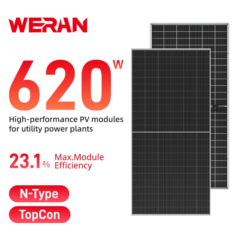 Pannello solare bifacciale di grande formato WERAN 595-625W - Modulo fotovoltaico a doppio vetro OEM per progetti di utilità, EPC e all'ingrosso